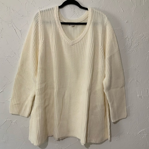 Woman Within Plus Size V-Neck Shaker Trapeze Knitted Sweater Ivory Sz 2X 26/28 - Picture 2 of 8